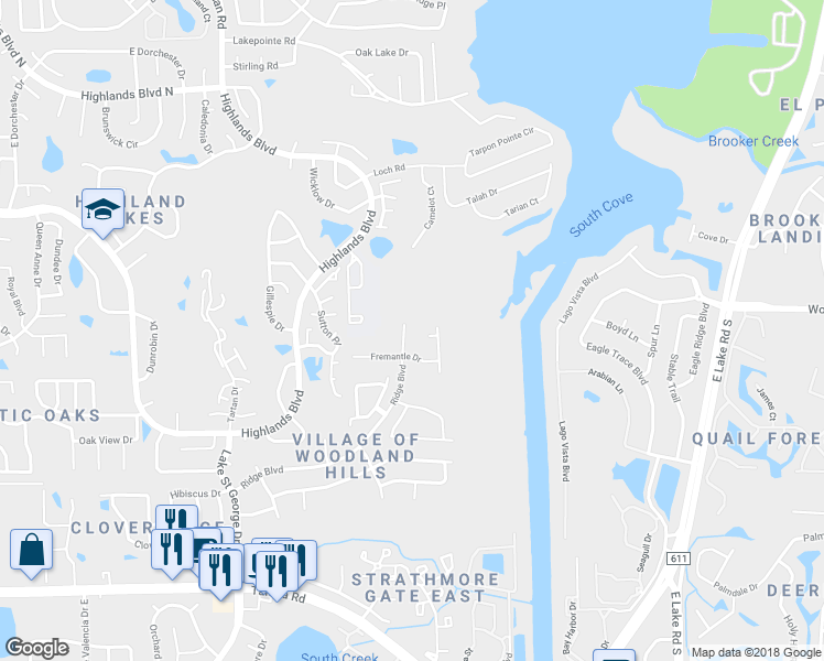 map of restaurants, bars, coffee shops, grocery stores, and more near 3586 Ridge Boulevard in Palm Harbor