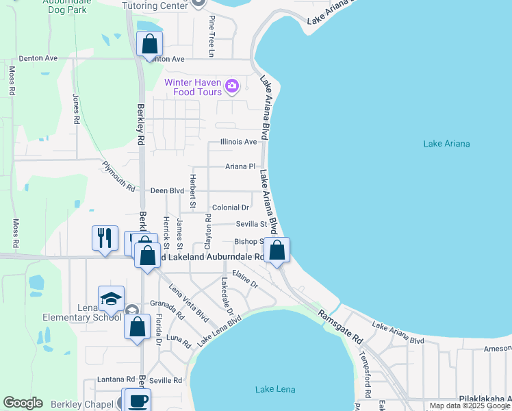 map of restaurants, bars, coffee shops, grocery stores, and more near 2166 Ariana Boulevard in Auburndale