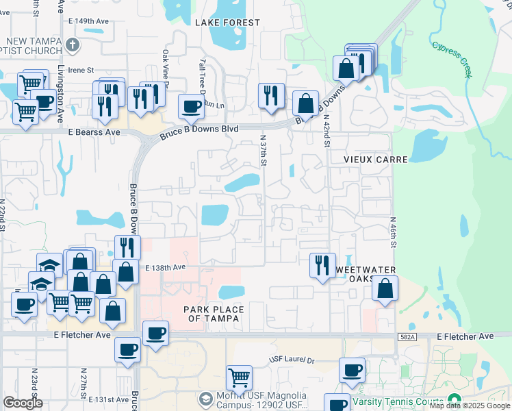 map of restaurants, bars, coffee shops, grocery stores, and more near 14226 Cyber Place in Tampa