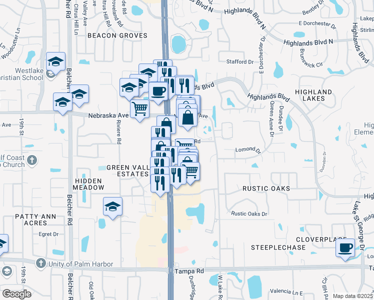 map of restaurants, bars, coffee shops, grocery stores, and more near 33507 US Highway 19 North in Palm Harbor
