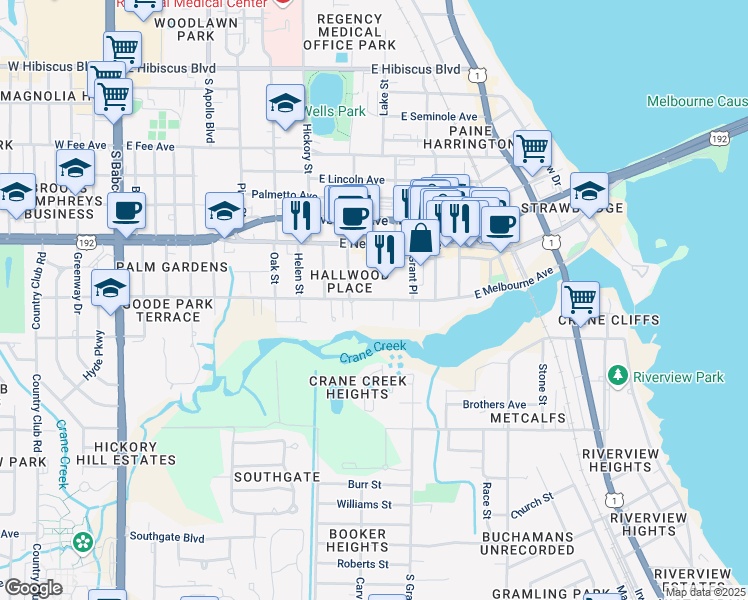 map of restaurants, bars, coffee shops, grocery stores, and more near 625 East Melbourne Avenue in Melbourne