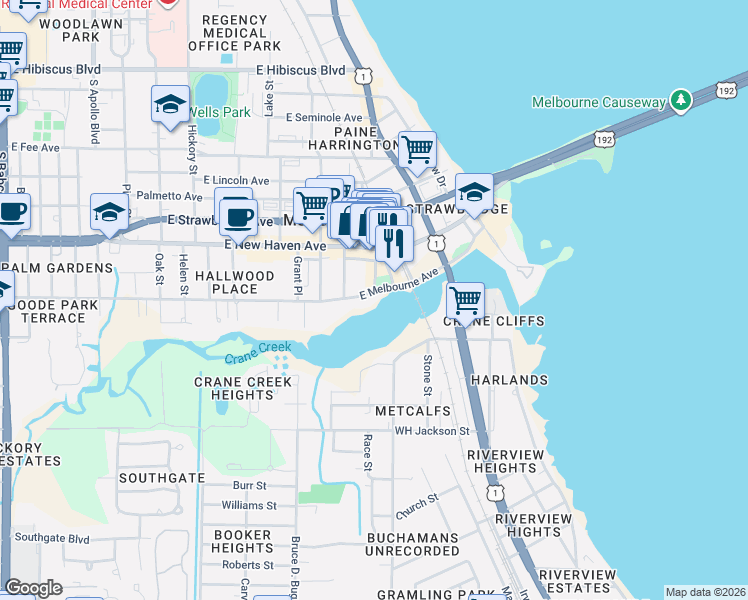 map of restaurants, bars, coffee shops, grocery stores, and more near 914 East Melbourne Avenue in Melbourne