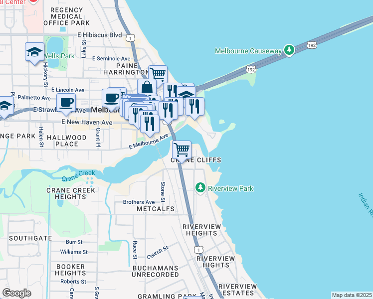 map of restaurants, bars, coffee shops, grocery stores, and more near 1208 East River Drive in Melbourne