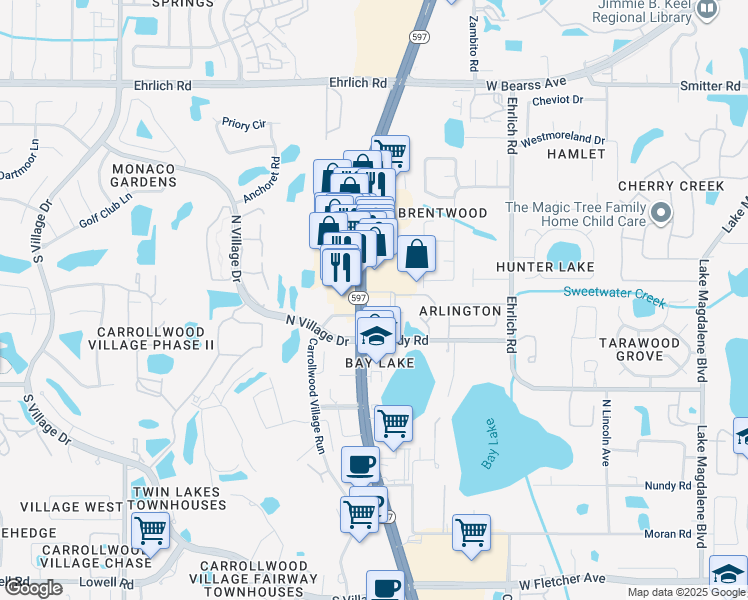 map of restaurants, bars, coffee shops, grocery stores, and more near 14309 Florida 597 in Tampa