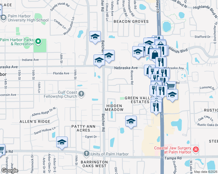 map of restaurants, bars, coffee shops, grocery stores, and more near 2150 Cimarron Terrace in Palm Harbor