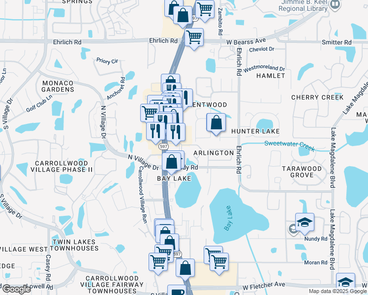 map of restaurants, bars, coffee shops, grocery stores, and more near 3339 Handy Road in Tampa