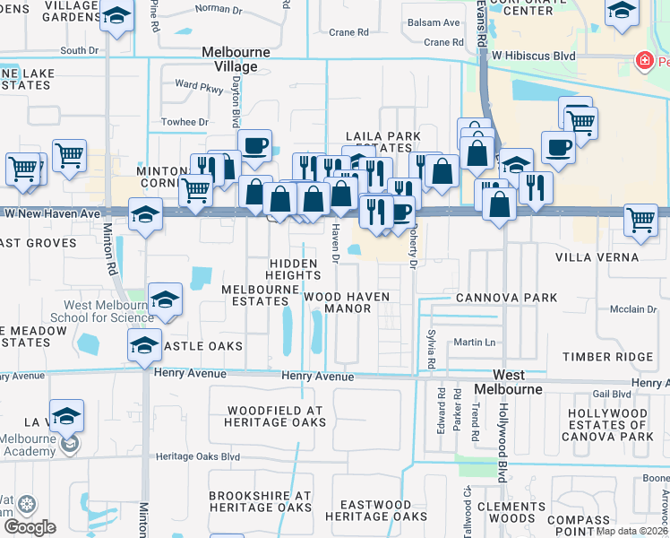 map of restaurants, bars, coffee shops, grocery stores, and more near 101 Haven Drive in Melbourne