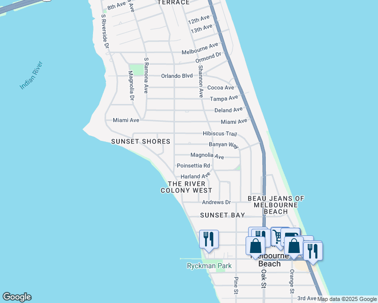 map of restaurants, bars, coffee shops, grocery stores, and more near 510 Magnolia Avenue in Melbourne Beach