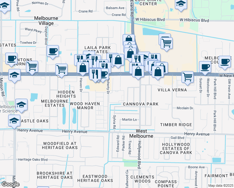 map of restaurants, bars, coffee shops, grocery stores, and more near 2129 West New Haven Avenue in Melbourne