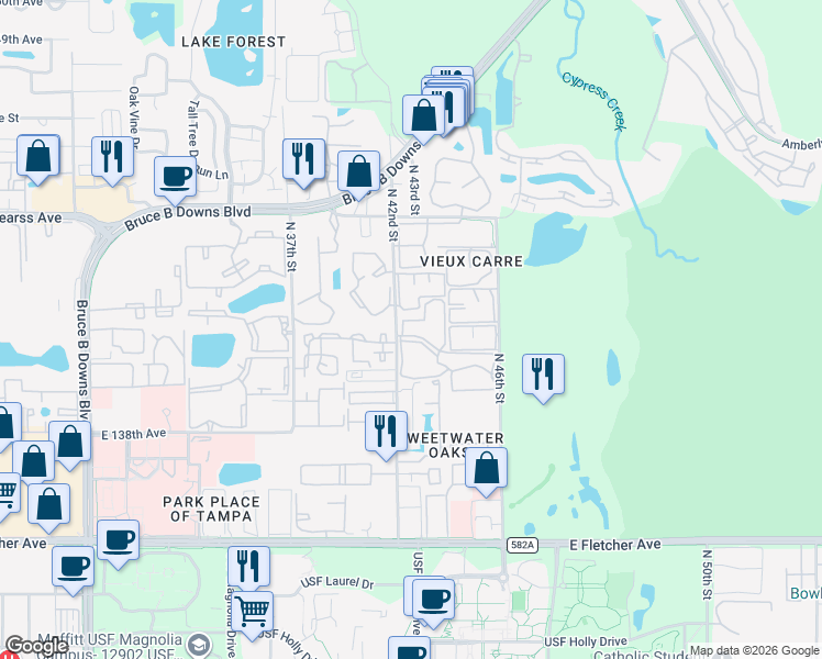 map of restaurants, bars, coffee shops, grocery stores, and more near 14327 Hanging Moss Circle in Tampa
