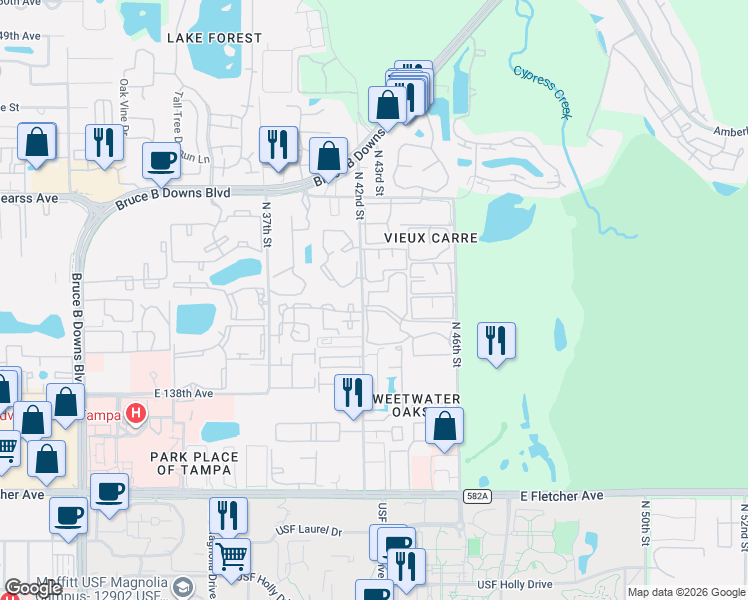map of restaurants, bars, coffee shops, grocery stores, and more near 14301 Hanging Moss Circle in Tampa