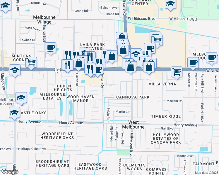 map of restaurants, bars, coffee shops, grocery stores, and more near 2129 West New Haven Avenue in Melbourne