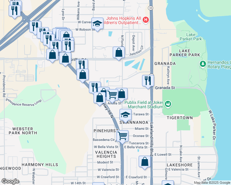 map of restaurants, bars, coffee shops, grocery stores, and more near 226 Queen Mary Loop in Lakeland