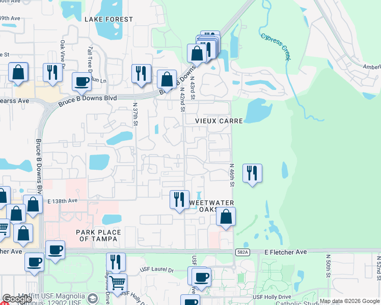 map of restaurants, bars, coffee shops, grocery stores, and more near 14327 Hanging Moss Circle in Tampa