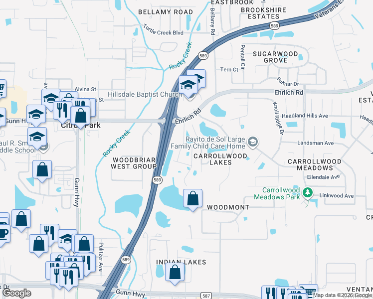 map of restaurants, bars, coffee shops, grocery stores, and more near 5730 Ridgestone Drive in Tampa