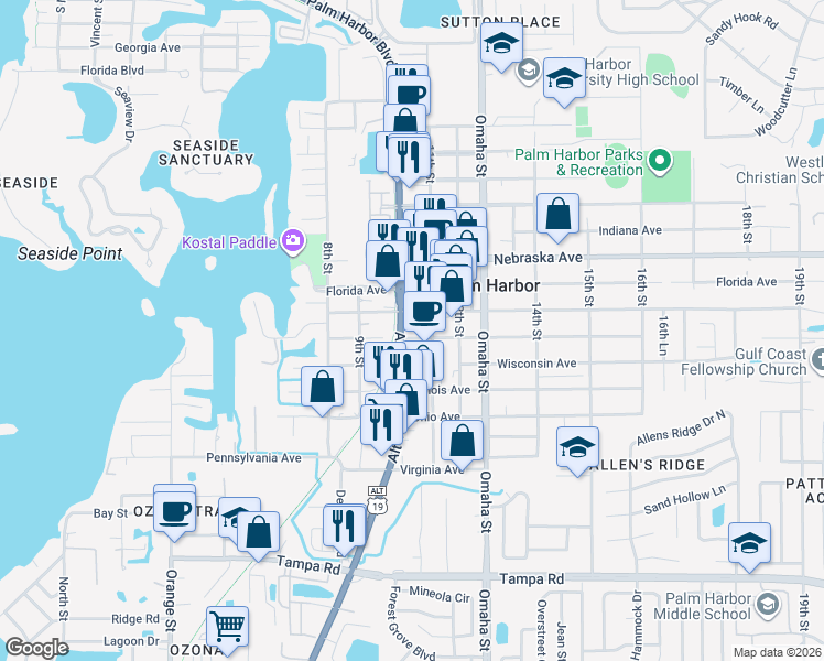 map of restaurants, bars, coffee shops, grocery stores, and more near 924 US Route 19 in Palm Harbor
