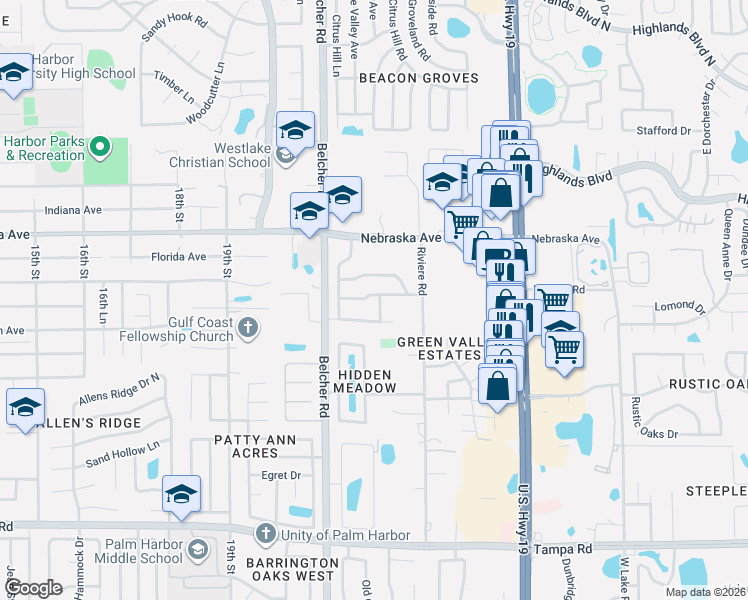 map of restaurants, bars, coffee shops, grocery stores, and more near 2150 Cimarron Terrace in Palm Harbor