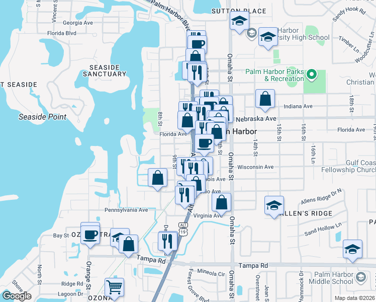 map of restaurants, bars, coffee shops, grocery stores, and more near 981 Michigan Avenue in Palm Harbor