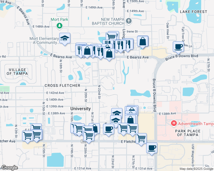 map of restaurants, bars, coffee shops, grocery stores, and more near 2448 Cedar Trace Circle in Tampa