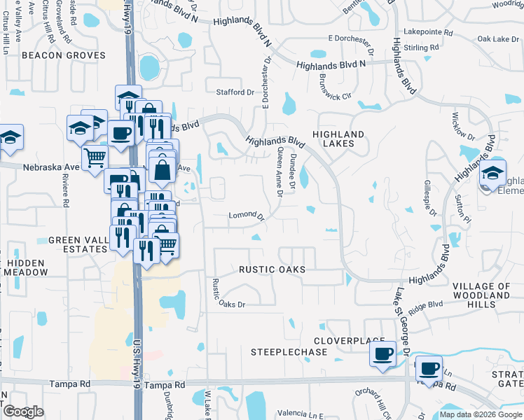 map of restaurants, bars, coffee shops, grocery stores, and more near 1020 Royal Boulevard in Palm Harbor