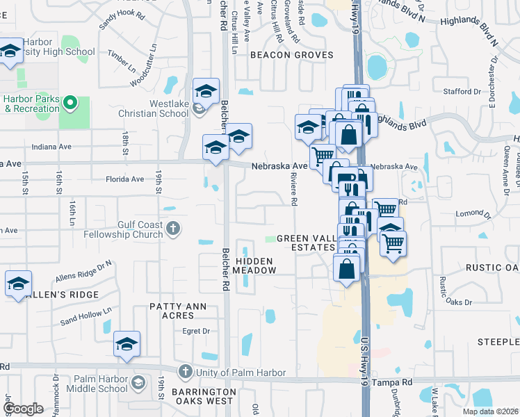 map of restaurants, bars, coffee shops, grocery stores, and more near 2150 Cimarron Terrace in Palm Harbor