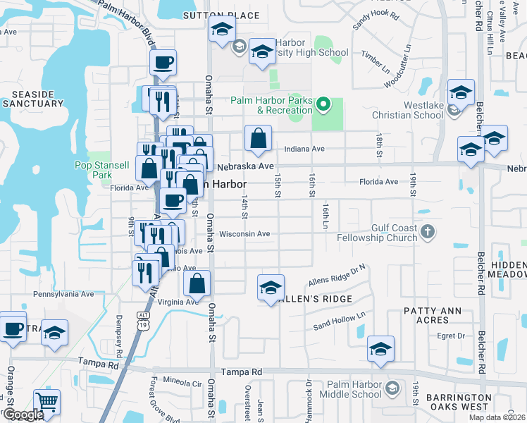 map of restaurants, bars, coffee shops, grocery stores, and more near 1421 Georgia Avenue in Palm Harbor