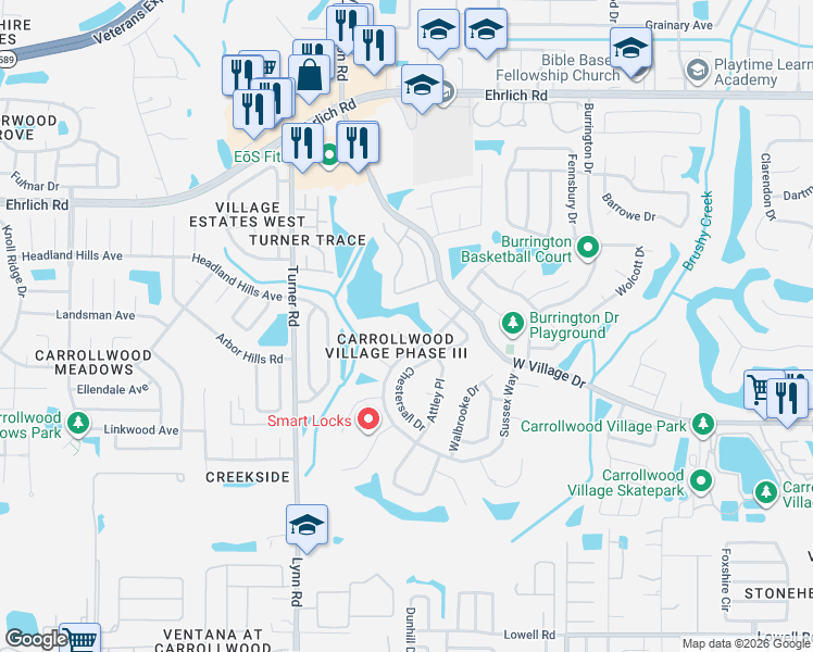 map of restaurants, bars, coffee shops, grocery stores, and more near 13805 Khilani Court in Tampa