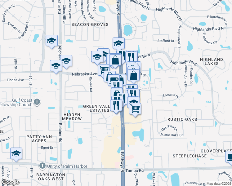 map of restaurants, bars, coffee shops, grocery stores, and more near 33470 U.S. 19 in Palm Harbor