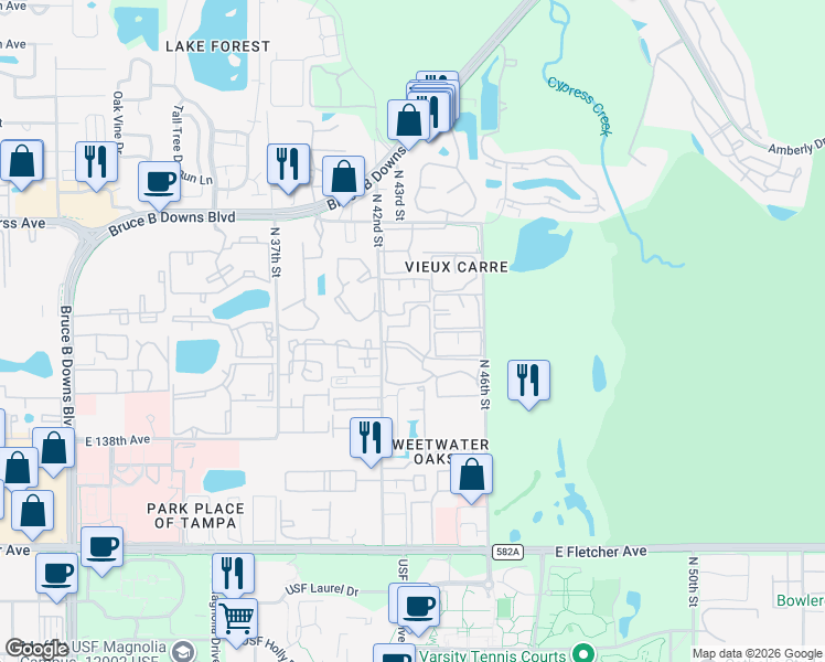 map of restaurants, bars, coffee shops, grocery stores, and more near 14319 Hanging Moss Circle in Tampa