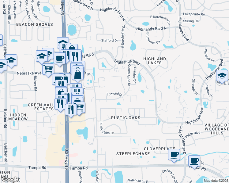 map of restaurants, bars, coffee shops, grocery stores, and more near 2815 Lomond Drive in Palm Harbor