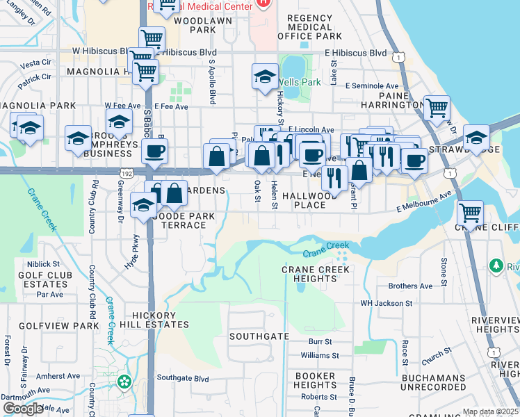map of restaurants, bars, coffee shops, grocery stores, and more near 400 East Melbourne Avenue in Melbourne