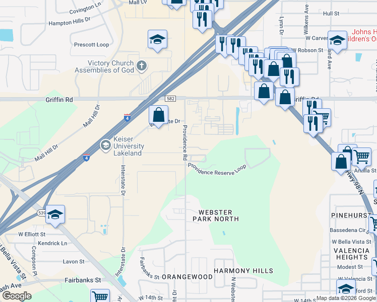 map of restaurants, bars, coffee shops, grocery stores, and more near 2715 Betz Place in Lakeland