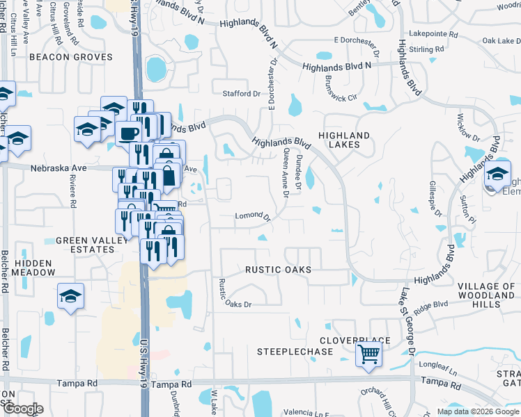 map of restaurants, bars, coffee shops, grocery stores, and more near 2815 Lomond Drive in Palm Harbor