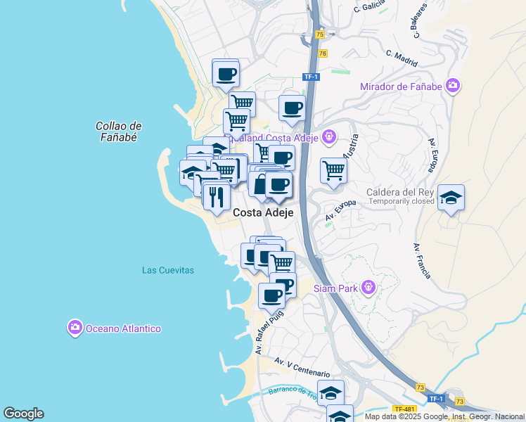 map of restaurants, bars, coffee shops, grocery stores, and more near Calle Gran Bretaña in Costa Adeje