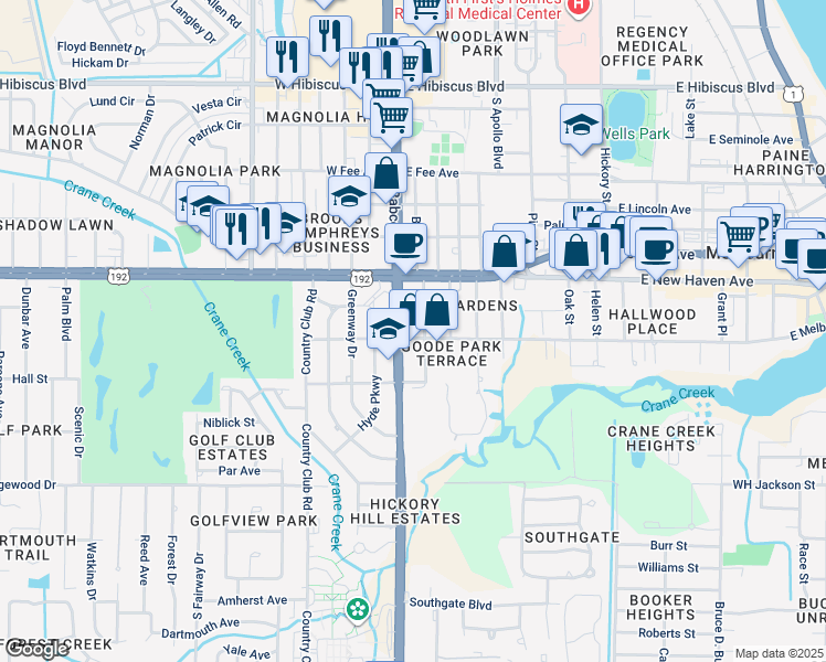 map of restaurants, bars, coffee shops, grocery stores, and more near 2109 Bryan Street in Melbourne