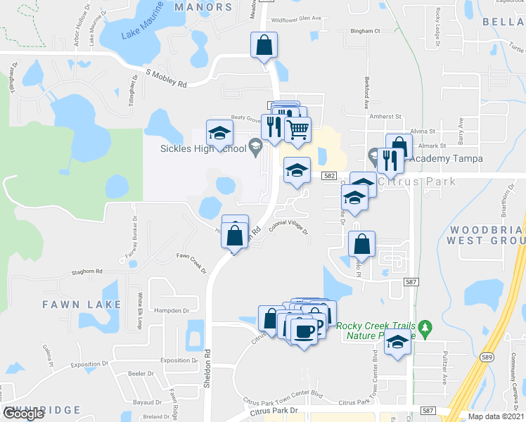 map of restaurants, bars, coffee shops, grocery stores, and more near 13850 Sheldon Rd in Tampa