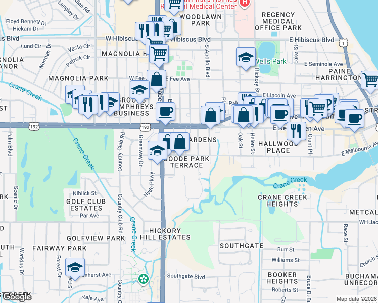 map of restaurants, bars, coffee shops, grocery stores, and more near 2107 Pennwood Drive in Melbourne