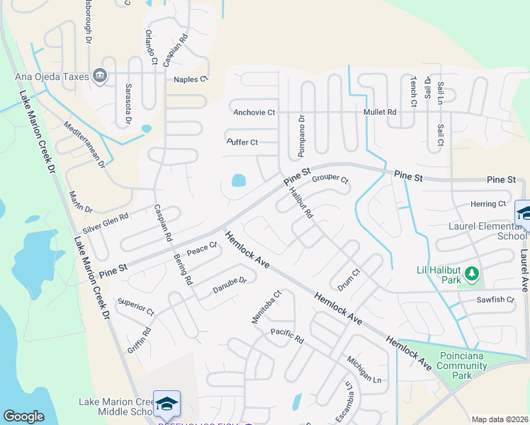 map of restaurants, bars, coffee shops, grocery stores, and more near 366 Kingfish Drive in Poinciana