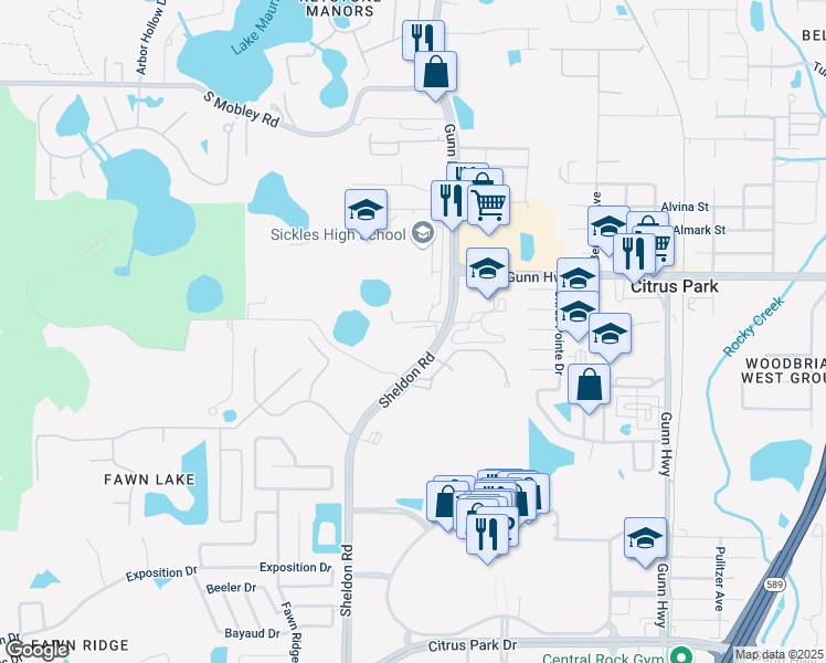 map of restaurants, bars, coffee shops, grocery stores, and more near 13850 Sheldon Road in Tampa