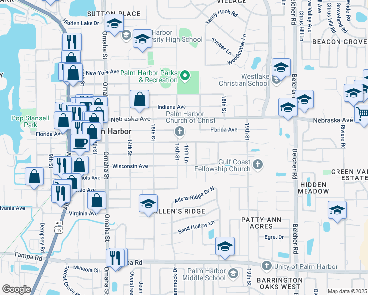 map of restaurants, bars, coffee shops, grocery stores, and more near 969 16th Lane in Palm Harbor