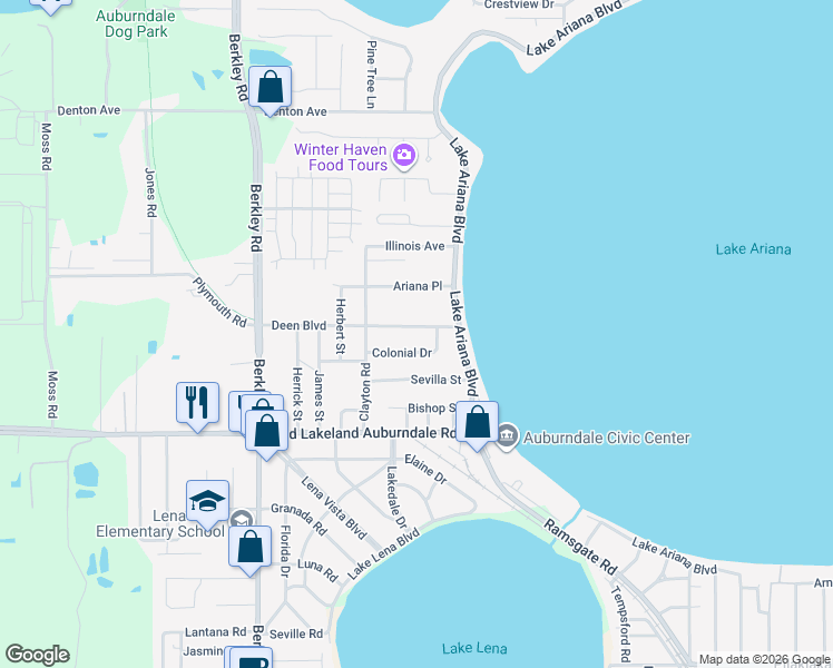 map of restaurants, bars, coffee shops, grocery stores, and more near 111 Deen Boulevard in Auburndale
