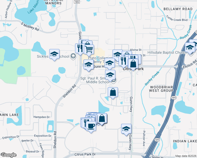 map of restaurants, bars, coffee shops, grocery stores, and more near 9606 Caracal Court in Tampa