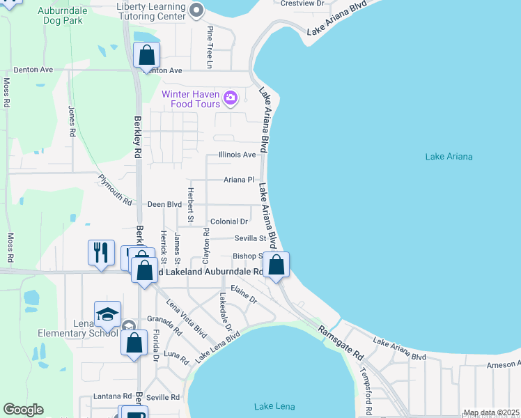 map of restaurants, bars, coffee shops, grocery stores, and more near 2166 Ariana Boulevard in Auburndale