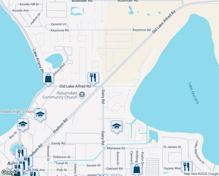map of restaurants, bars, coffee shops, grocery stores, and more near 156 Oakview Avenue in Auburndale