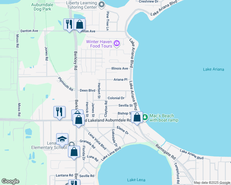 map of restaurants, bars, coffee shops, grocery stores, and more near 111 Deen Boulevard in Auburndale