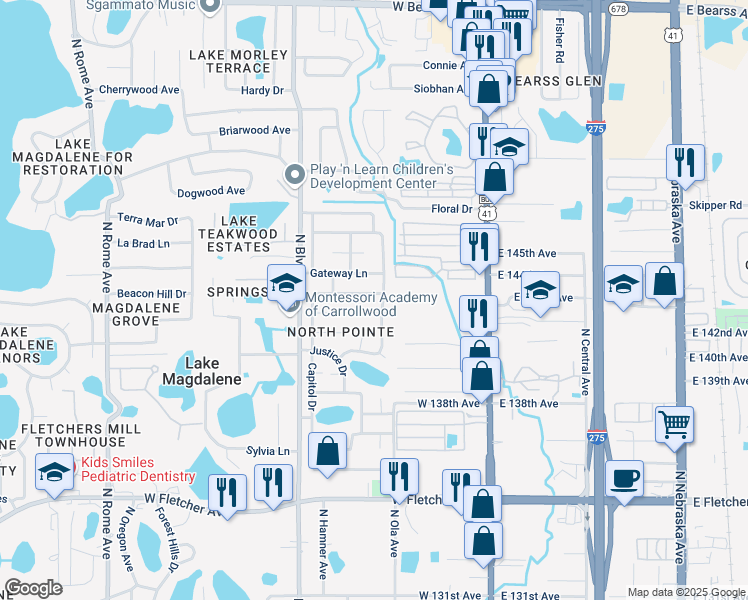 map of restaurants, bars, coffee shops, grocery stores, and more near 14333 Capitol Drive in Tampa