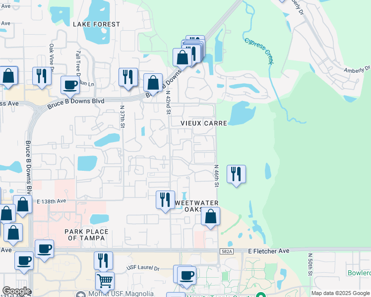 map of restaurants, bars, coffee shops, grocery stores, and more near 14327 Hanging Moss Circle in Tampa