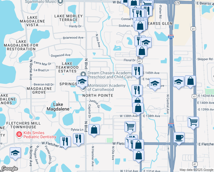 map of restaurants, bars, coffee shops, grocery stores, and more near 14333 Capitol Drive in Tampa