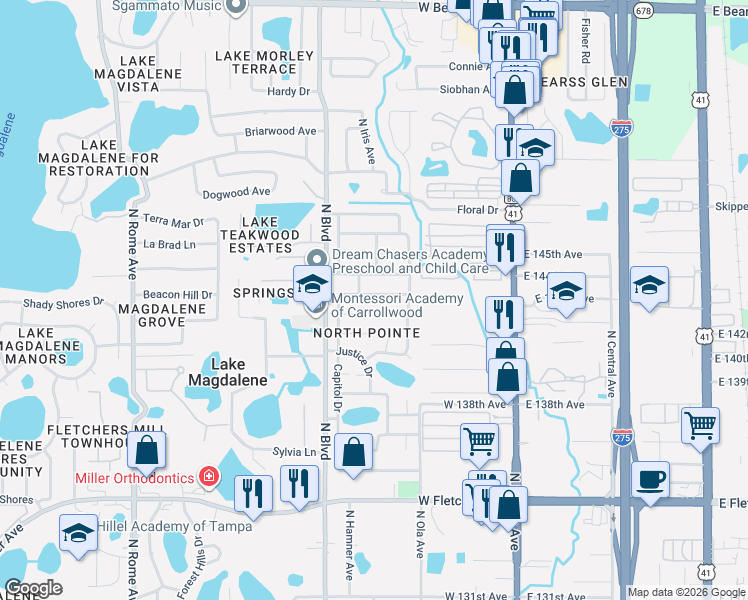 map of restaurants, bars, coffee shops, grocery stores, and more near 14305 Capitol Drive in Tampa