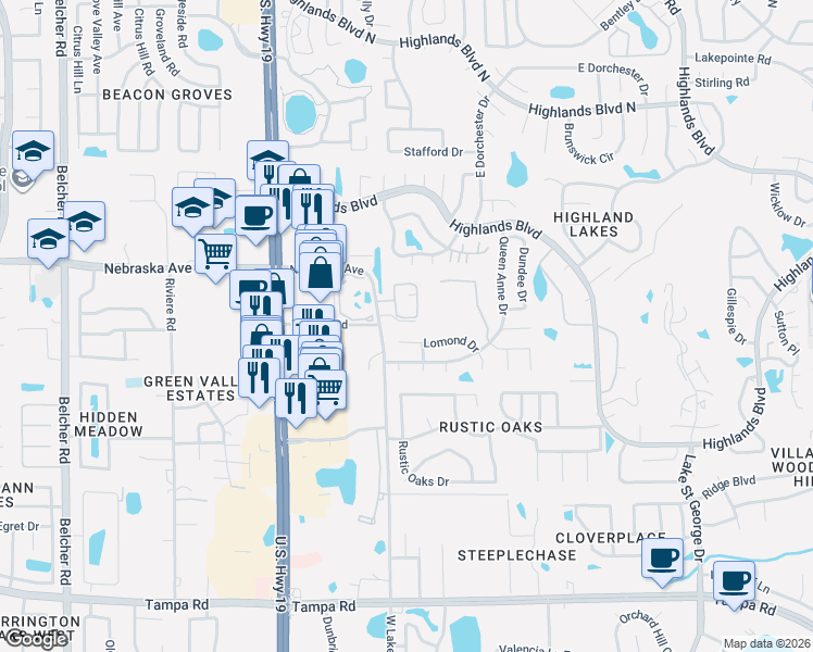 map of restaurants, bars, coffee shops, grocery stores, and more near 2736 Hamble Village Lane in Palm Harbor